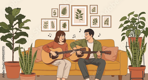 Couple Playing Acoustic Guitars in Cozy Botanical Living Room