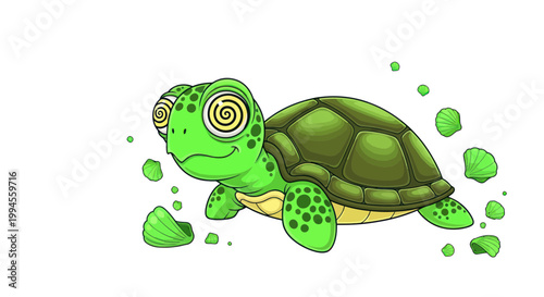 Dizzy Cartoon Turtle with Swirling Eyes and Floating Rocks