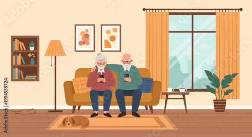 Senior Couple using Smartphones on Sofa in Modern Living Room
