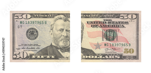 Quadro su tela Front and back view of a fifty dollar bill displayed side by side against a clea