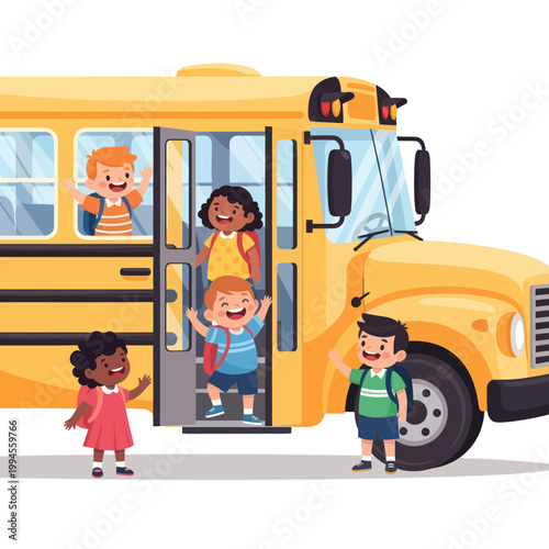 Happy Children Boarding School Bus, Back to School, Education Concept