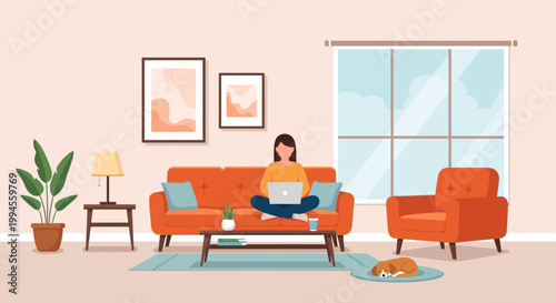 Woman Working from Home on Laptop in Modern Living Room Illustration