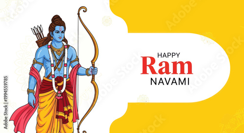 Lord Rama holding bow and arrow, Ram Navami celebration, Indian festival illustration
