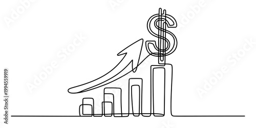 Foto A minimalist illustration depicts a bar graph with an upward trending arrow, culminating in a dollar sign, symbolizing financial growth and success