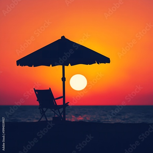 Silhouette of beach chair and umbrella at sunset with vibrant orange sky