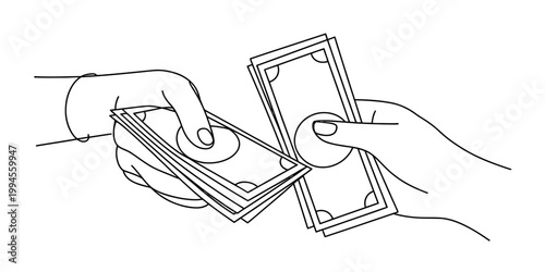 Two hands exchanging a fan of banknotes, illustrating a financial transaction or payment in a simple line drawing style. Vector, illustration
