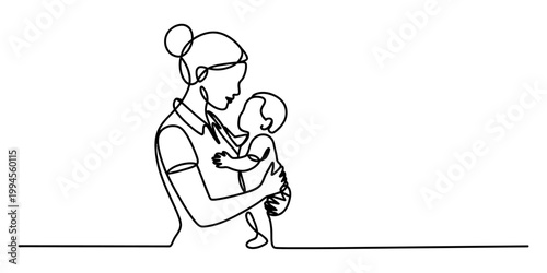 A minimalist line art illustration depicts a mother tenderly holding her baby, capturing a moment of love and connection. Vector, illustration
