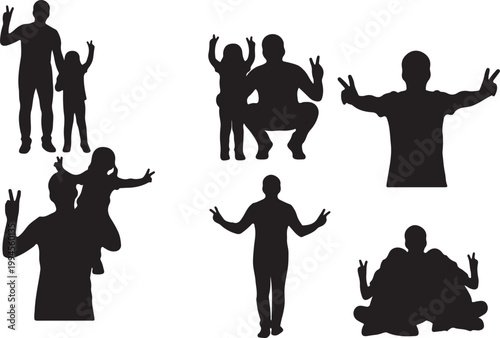 Father and child silhouettes making peace signs, expressing joy and togetherness in casual poses