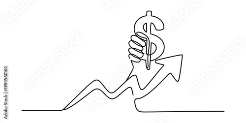 A minimalist line drawing depicts a hand grasping a dollar sign, symbolizing financial growth and the upward trajectory of the economy, set against a fluctuating graph. Vector, illustration