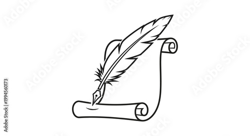 Feather quill pen writing on scroll paper, vintage writing tool, historical document icon