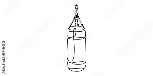 A minimalist line drawing of a punching bag hanging from a chain, representing boxing and martial arts training. Vector, illustration