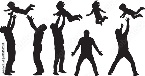 Silhouettes of fathers and children playing together, throwing and catching, symbolizing joy and bonding.