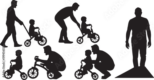 Silhouettes of fathers and children on tricycles, symbolizing family, childhood, and outdoor activities.