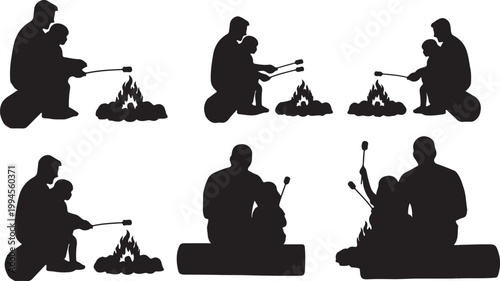Silhouettes of fathers and children roasting marshmallows over a campfire, symbolizing family and togetherness.