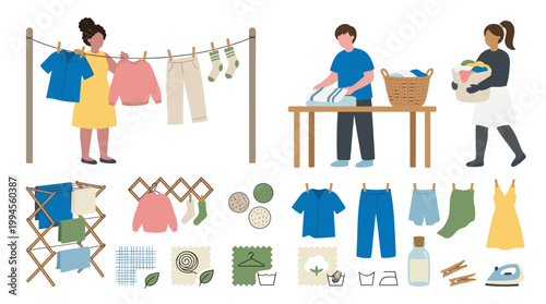 Sustainable laundry routine people drying ironing and folding clothes eco friendly home chores concept illustration