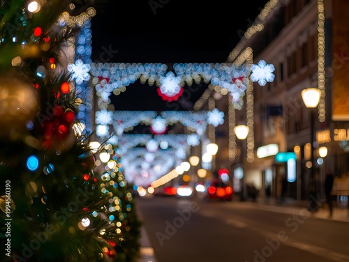 Cozy Christmas street scene with festive lights and bokeh effect at night