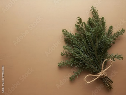 Rustic evergreen sprig bundle tied with twine on neutral background for holiday decor