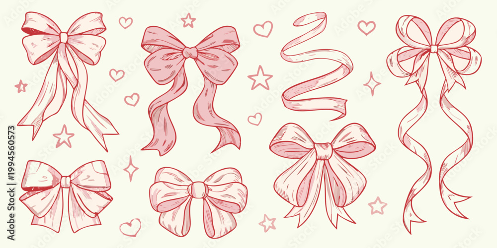 Obraz premium A collection of hand drawn pink ribbons and bows with scattered stars