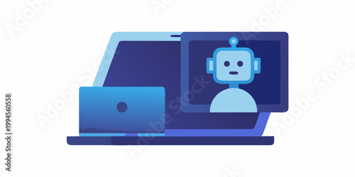 Laptop displaying a blue robot icon within its screen interface