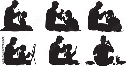 Father styling daughter's hair in silhouette, showing bonding and nurturing family moments.