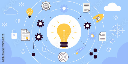 Bright idea illustration of a lightbulb surrounded by concepts and icons