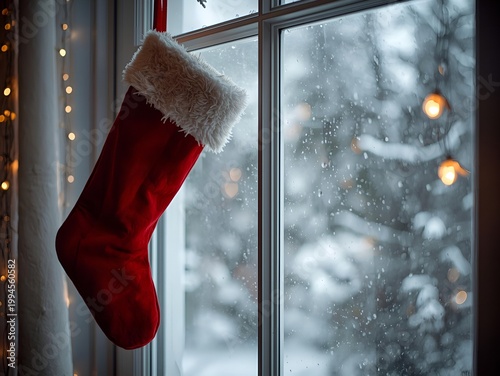 Red Christmas stocking hanging by snowy window with warm festive lights