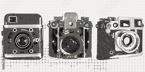 Vintage cameras illustrated in a sketch style against a grid background