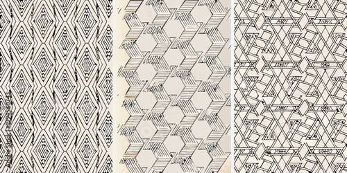 Fotografie Three panels displaying a detailed geometric woven straw pattern