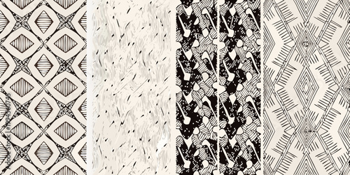 Four panels of black and white hand drawn geometric patterns displayed vertically