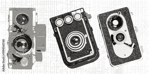Three vintage twin lens reflex cameras illustrated in a graphic style