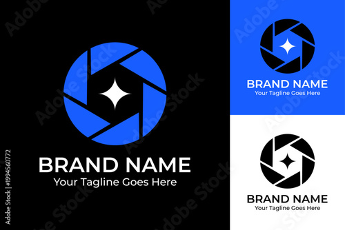 Modern Camera Shutter and Star Logo, Abstract Aperture Lens with Sparkle Symbol for Media Studio, Photography Focus and Vision, Blue Geometric Camera Shutter Icon for Video Production, Premium Star