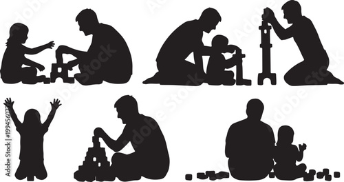 Father and child silhouettes playing with building blocks, creating memories together.