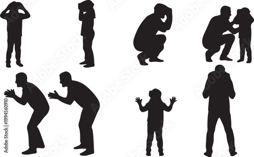 Silhouettes of people in various poses, expressing emotions like surprise, joy, and anticipation.