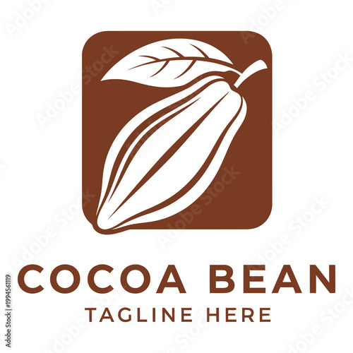 Cocoa bean logo with leaf on brown square background icon