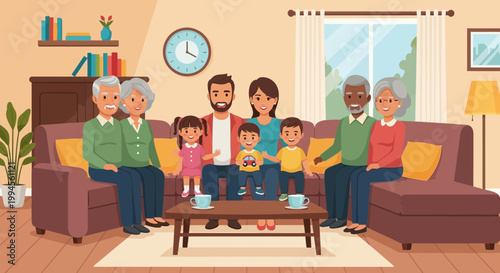 Happy Multi-generational Family Sitting on a Sofa in Living Room
