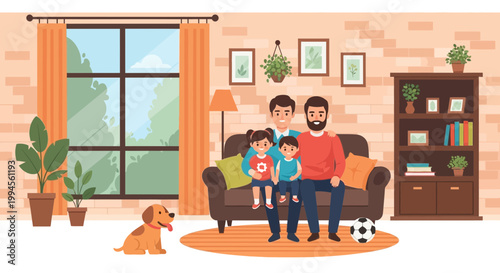 Happy Gay Couple with Children and Dog in Modern Living Room