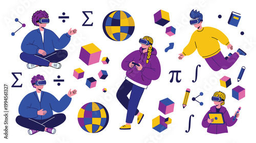 Diverse students engage with virtual reality for immersive learning and digital education experiences with mathematical symbols and geometric shapes