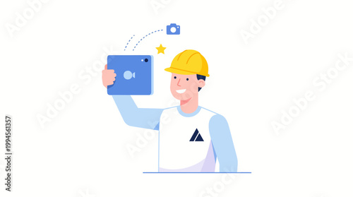 Construction worker with hard hat presenting digital blueprint and 3D model on tablet