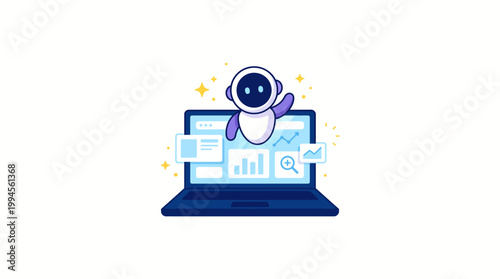 AI analytics illustration on a laptop dashboard showing charts and graphs with a futuristic robot figure