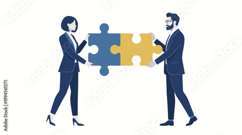 Two business professionals exchange puzzle pieces to symbolize strategic collaboration, strong partnership, and collaborative problem solving driving business growth.