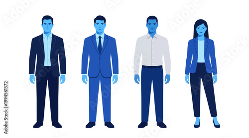 Group of four diverse business professionals in blue-toned outfits standing together to symbolize teamwork and collaboration in a modern corporate setting