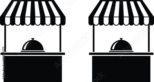Market stall silhouette icons, food vendor booth collection, striped canopy design, black vector illustration, minimal modern street shop graphic art