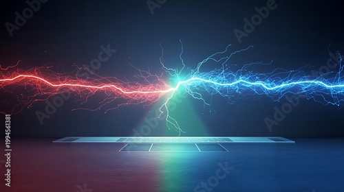 Dramatic lightning storm over futuristic horizon with aurora glow and energy surge