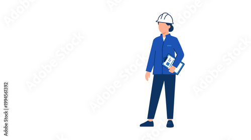 Illustration of a construction worker in blue overalls and a hard hat holding blueprints