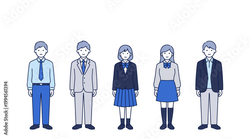 Group of five business professionals in blue attire standing in a row, corporate team illustration