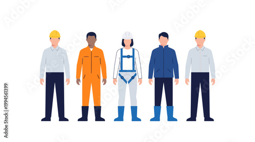 Group of five workers in protective industrial and laboratory attire, standing together in varied safety outfits