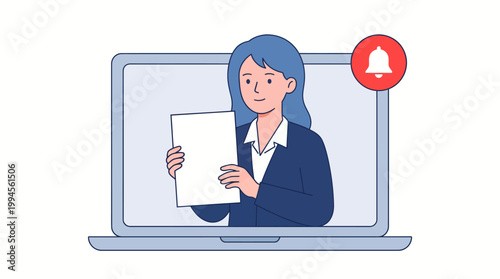 Businesswoman presenting a document during a video conference from a laptop window illustration