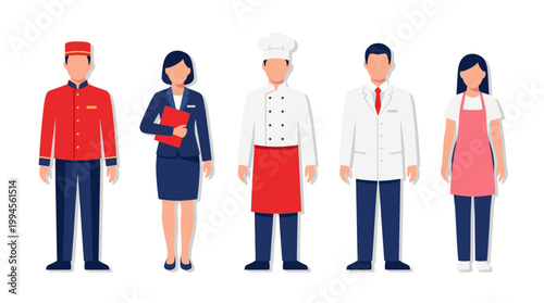 Diverse hospitality professionals in colorful uniforms stand in a row, including a bellboy, hostess, chef, front-desk staff, and a pink-dress guest services associate.