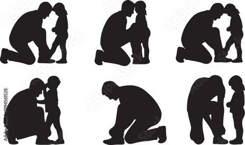 Silhouettes of a father kneeling to tie his child's shoelaces, showing care and support.