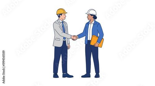 Two professionals shake hands to seal a construction partnership and project planning agreement